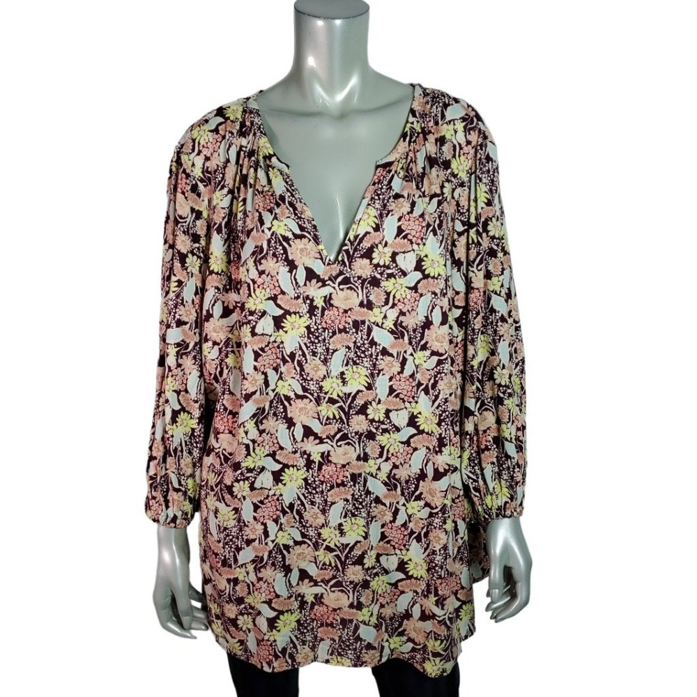 Ava & Viv Top Plus Size 2X Peasant V-Neck Long Sleeve Pullover Casual Pink‎